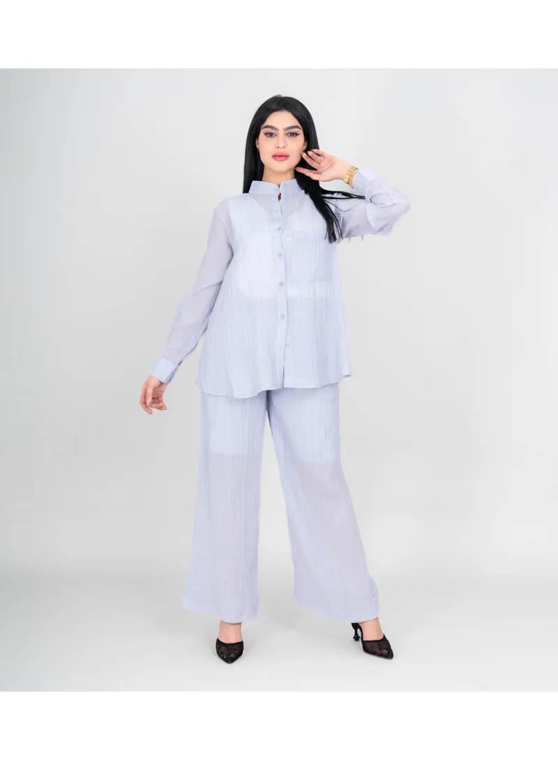 اكسا طقم عصري من قطعتين، قميص وبنطال بلون موحد، قماش شفاف